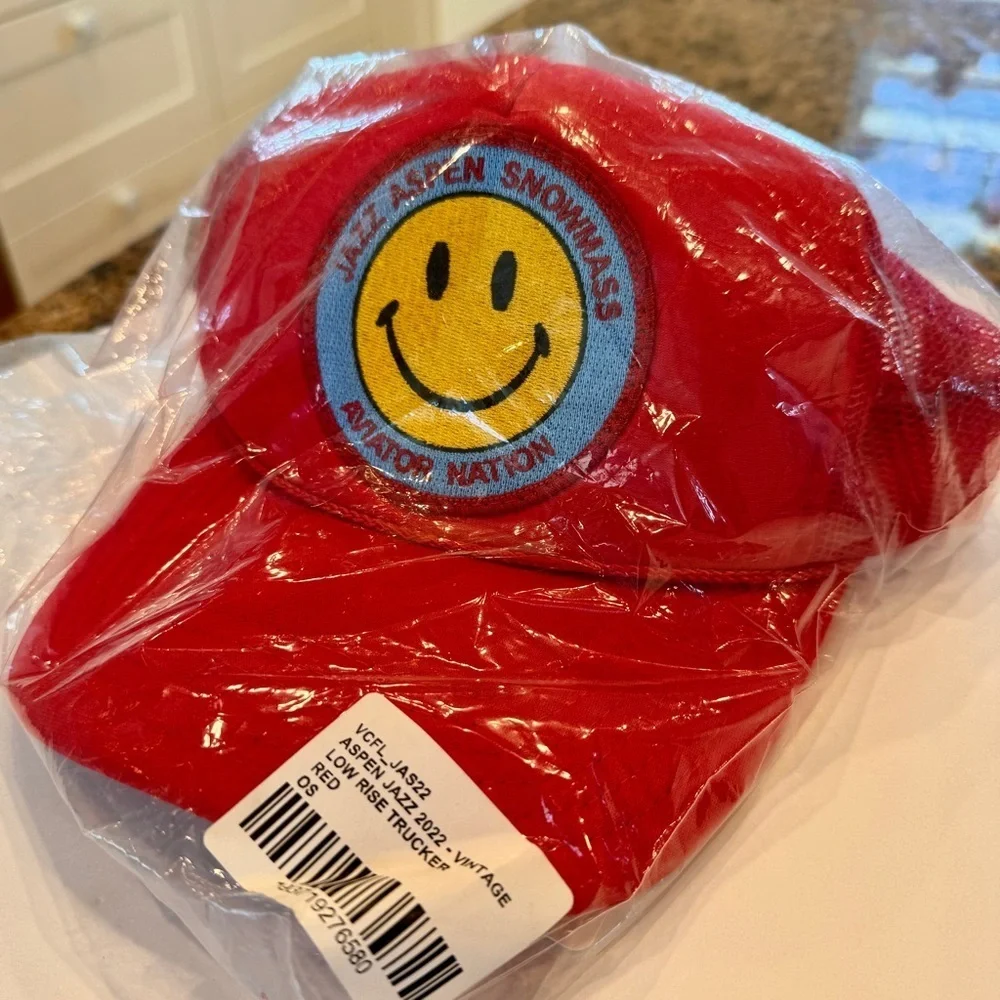 NWT Aviator Nation Jazz Aspen Snowmass 2022 Festival Trucker Hat Smiley Red​